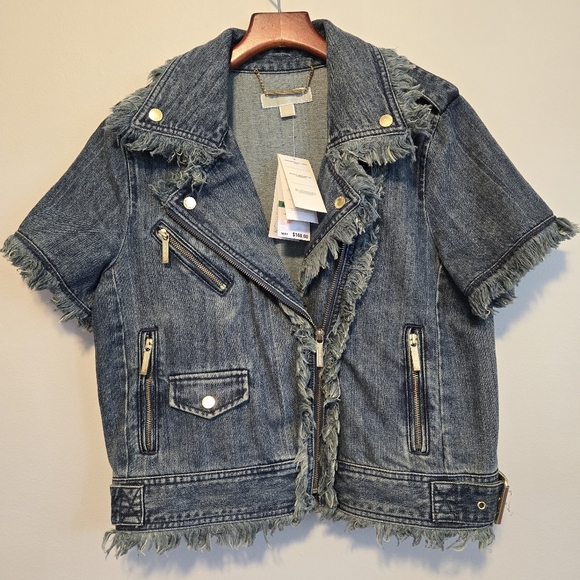 Michael Kors Denim Short Sleeve Jacket with Fringe And Zippers New With Tags - Picture 1 of 14